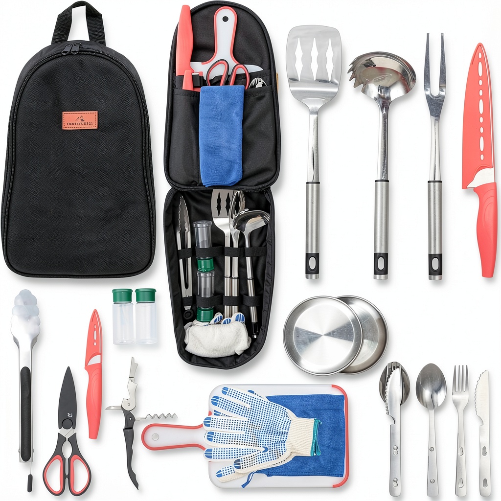 FORTITUDE21 camping cooking set displayed with utensils on a picnic table