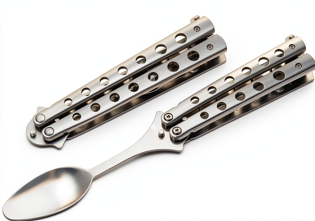 SZCO Butterfly Spoon open and closed on a camping table