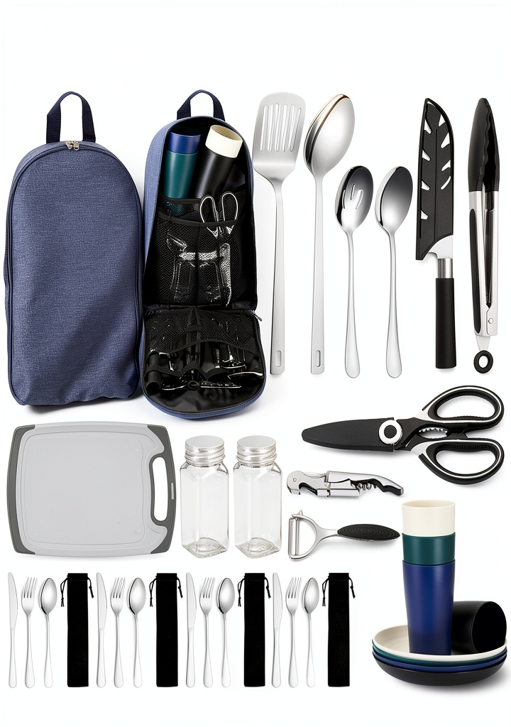 HOMQUEN camping cooking utensils set displayed in an outdoor setting