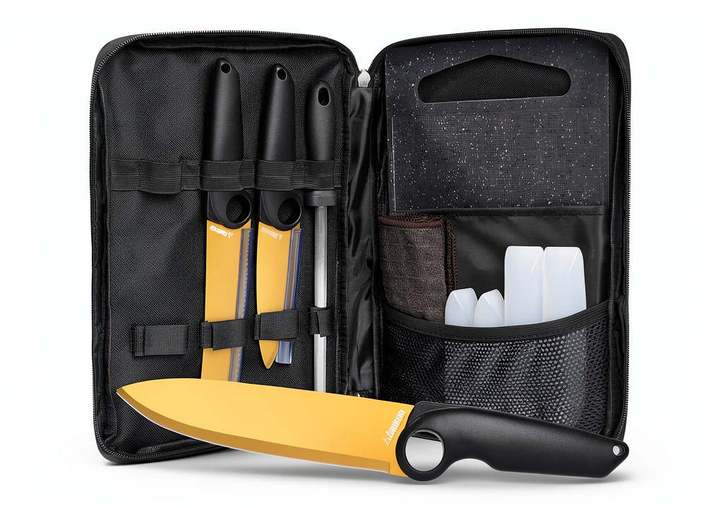 Zantrola camping knife set displayed with titanium-coated blades and accessories